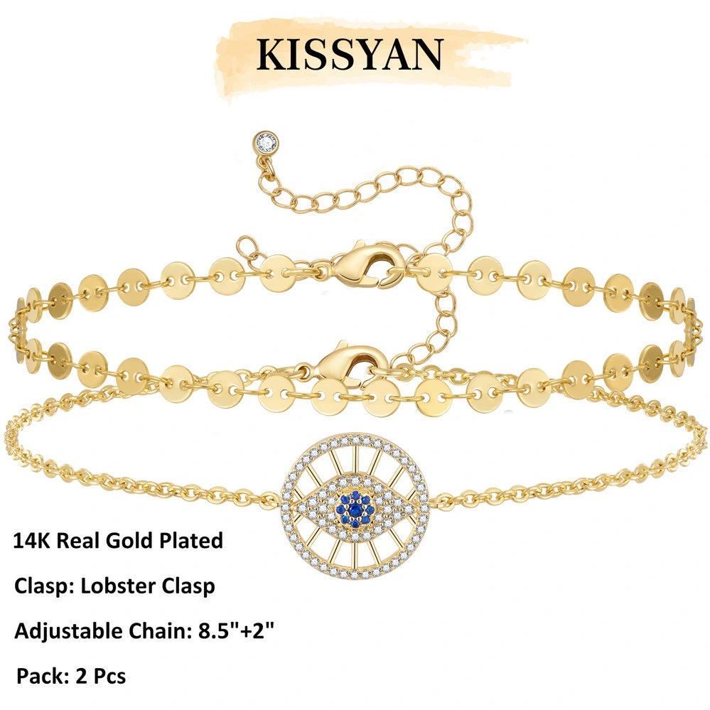 Elegant 14k Gold Plated Layering Anklets Set with Round Eyes and Sequin Chain