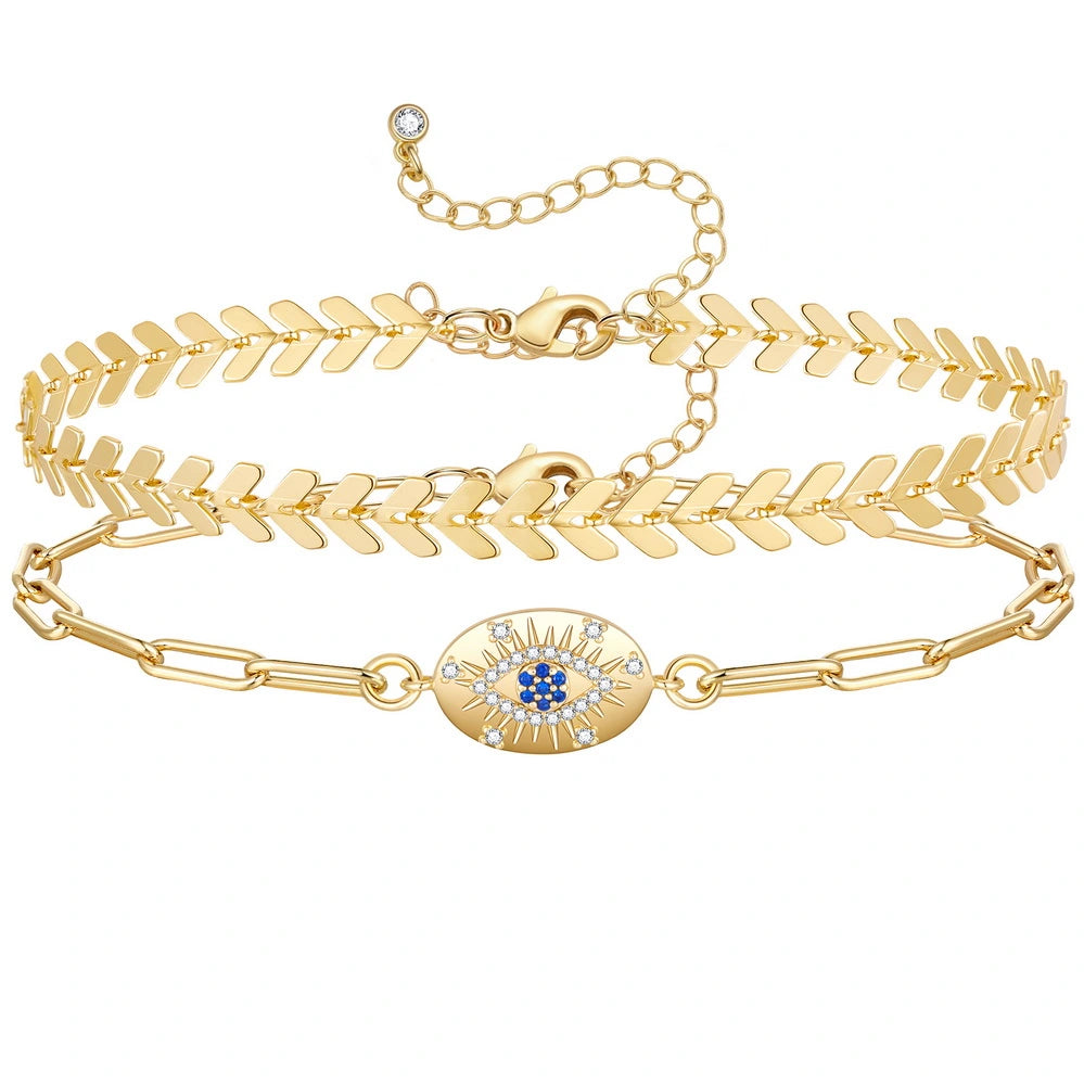 Captivating 14k Gold Plated Oval Evil Eye and Fishbone Layering Anklets Set