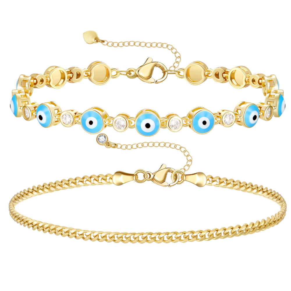 14k Gold Plated Dainty Layered Evil Eye Bracelets with Light Blue Eyes
