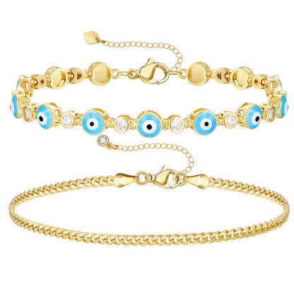 14k Gold Plated Dainty Layered Evil Eye Bracelets with Light Blue Eyes