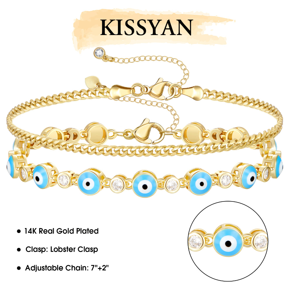 Stylish 14k Gold Plated Evil Eye Bracelet with Light Blue Eyes