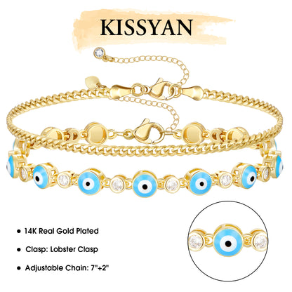 Stylish 14k Gold Plated Evil Eye Bracelet with Light Blue Eyes