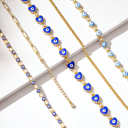 Elegant 14k Gold Plated Evil Eye Bracelet with Dark Blue Eyes