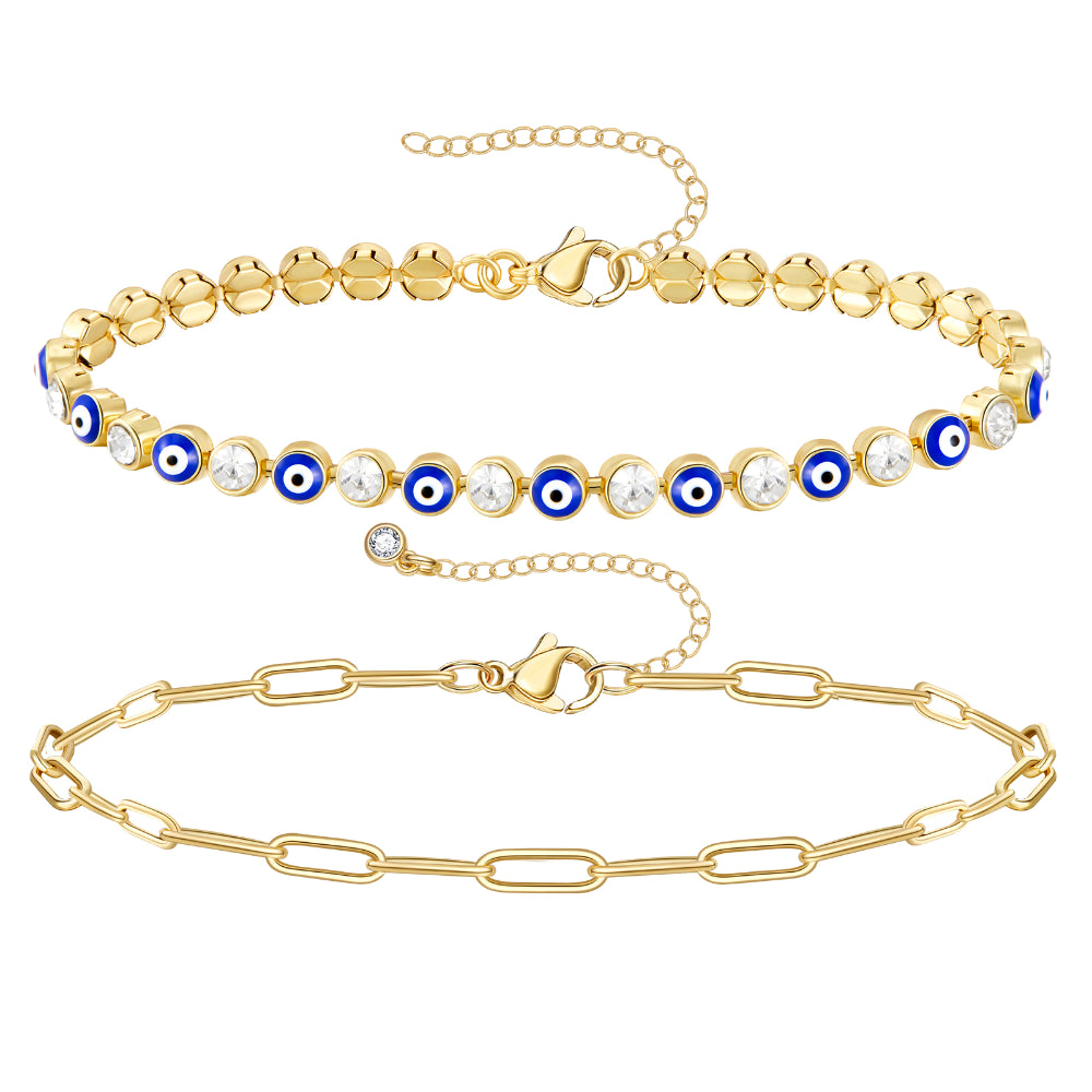 14k Gold Plated Dainty Layered Evil Eye Bracelets with Dark Blue Eyes