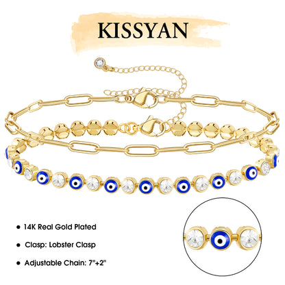 Elegant 14k Gold Plated Evil Eye Bracelet with Dark Blue Eyes