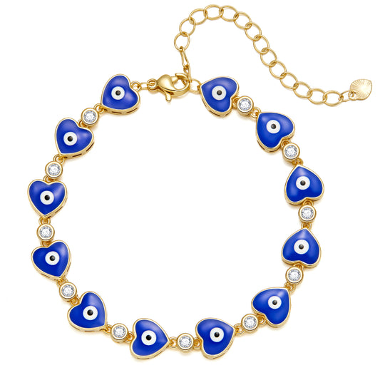 14k Gold Plated Dainty Layered Evil Eye Bracelets with Love Dark Blue Eye Design