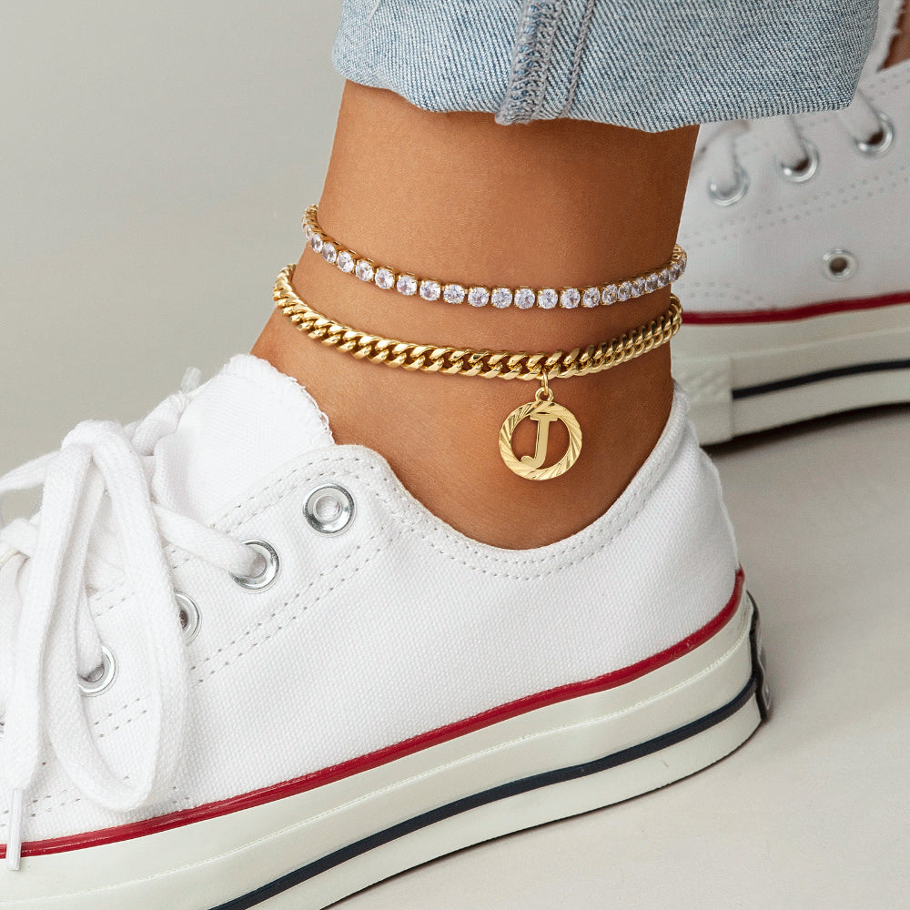 14K gold anklet styled with casual outfit