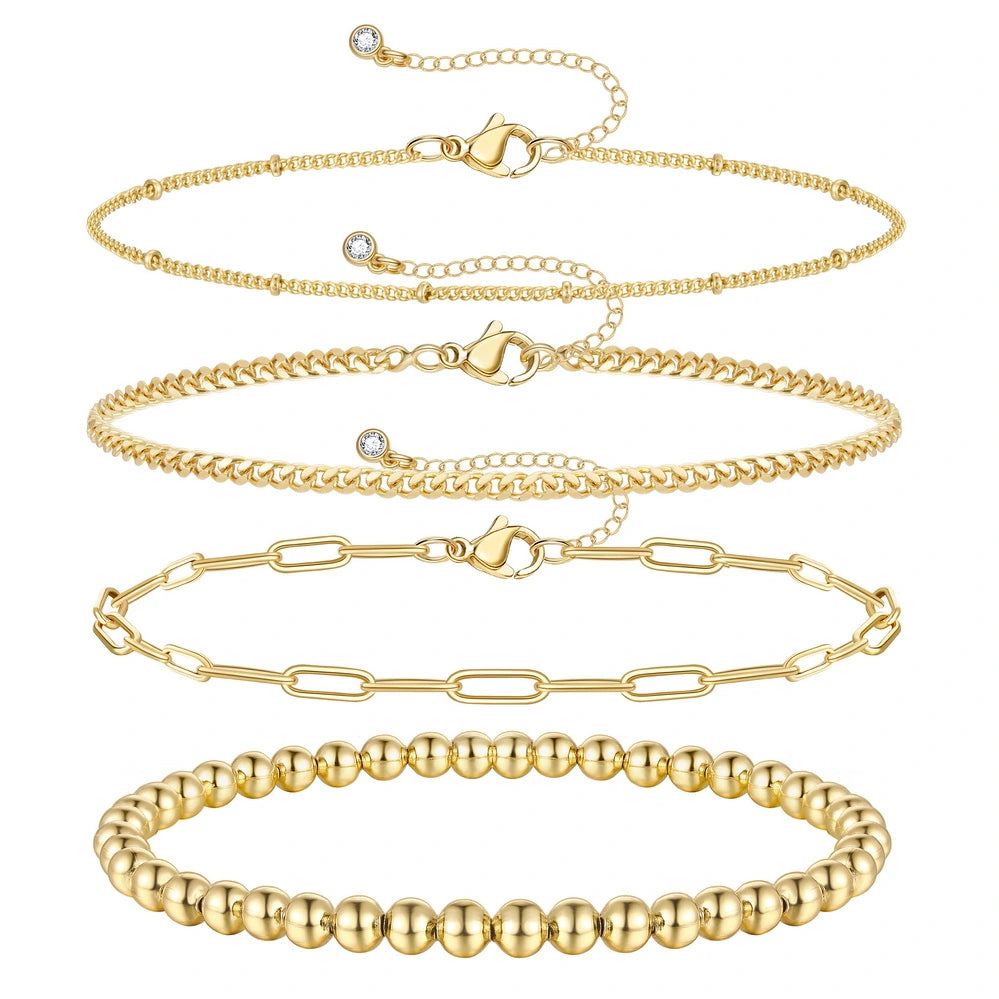 4pcs Gold Layered Bead Bracelets on white background