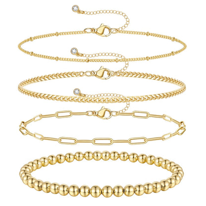 4pcs Gold Layered Bead Bracelets on white background