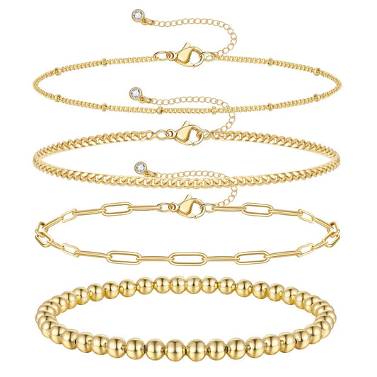 4pcs Gold Layered Bead Bracelets on white background