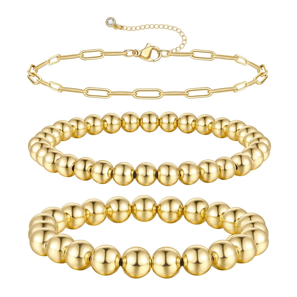 14K Gold Plated Stretchable Elastic Beaded Ball Bracelet on White Background