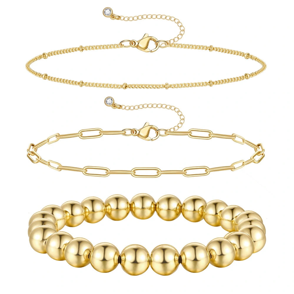 3Pcs Gold Layered Bead Bracelets on white backdrop