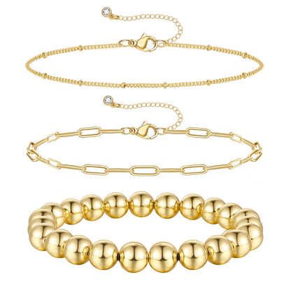 3Pcs Gold Layered Bead Bracelets on white backdrop