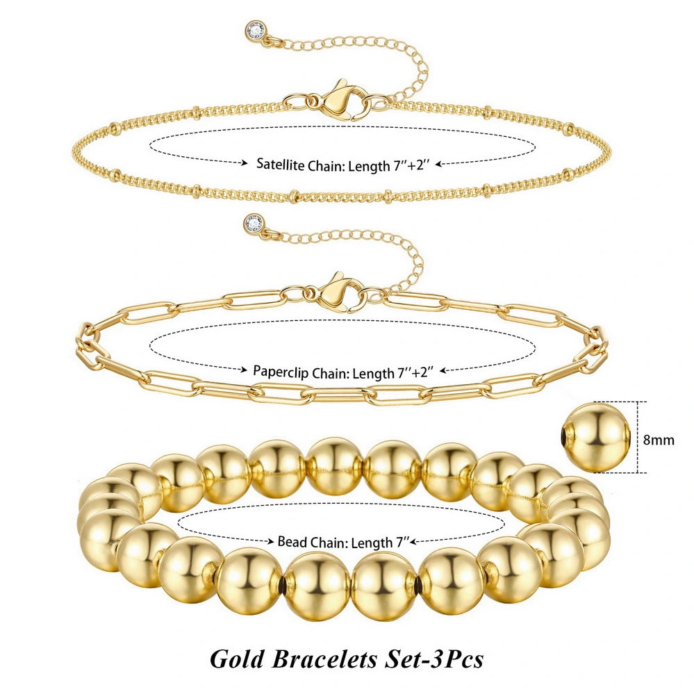 14K Gold Layered Stretchable Elastic Beaded Ball Bracelets Sets