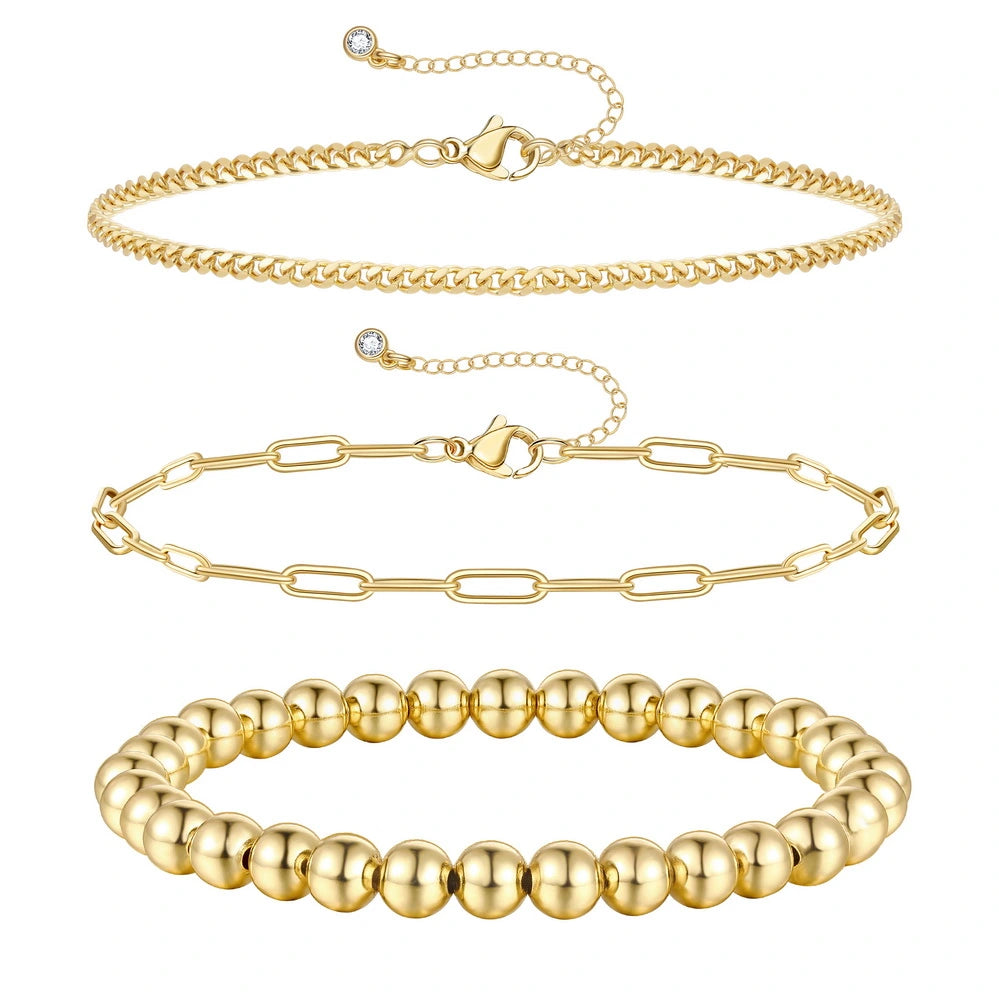 3Pcs Gold Elastic Beaded Bracelets on white backdrop