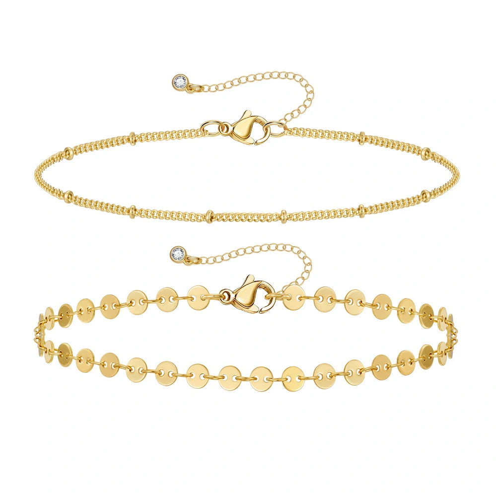 Dainty 14k Gold Plated Sequin & Satellite Layering Anklets Bracelets Set on white background