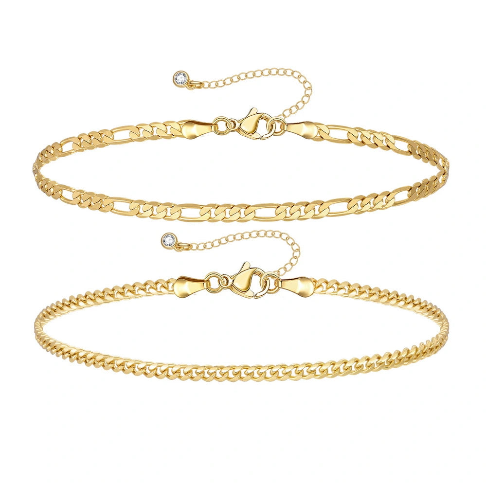 Dainty 14K Gold Plated Layering Anklet Bracelet Set with Figaro & 3mm Cuban Chains