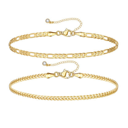 Dainty 14K Gold Plated Layering Anklet Bracelet Set with Figaro & 3mm Cuban Chains