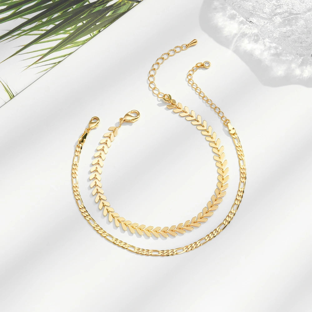 Classy Figaro and Fishbone anklet set in 14k gold plating