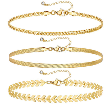 Detailed view of Dainty 14K Gold Plated Layering Anklet Bracelet Set - Fishbone, 3mm Cuban & Snake Chains