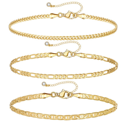 Close-up of Dainty 14K Gold Plated Layering Anklet Bracelet Set with Stud, 3mm Cuban & Figaro Chains