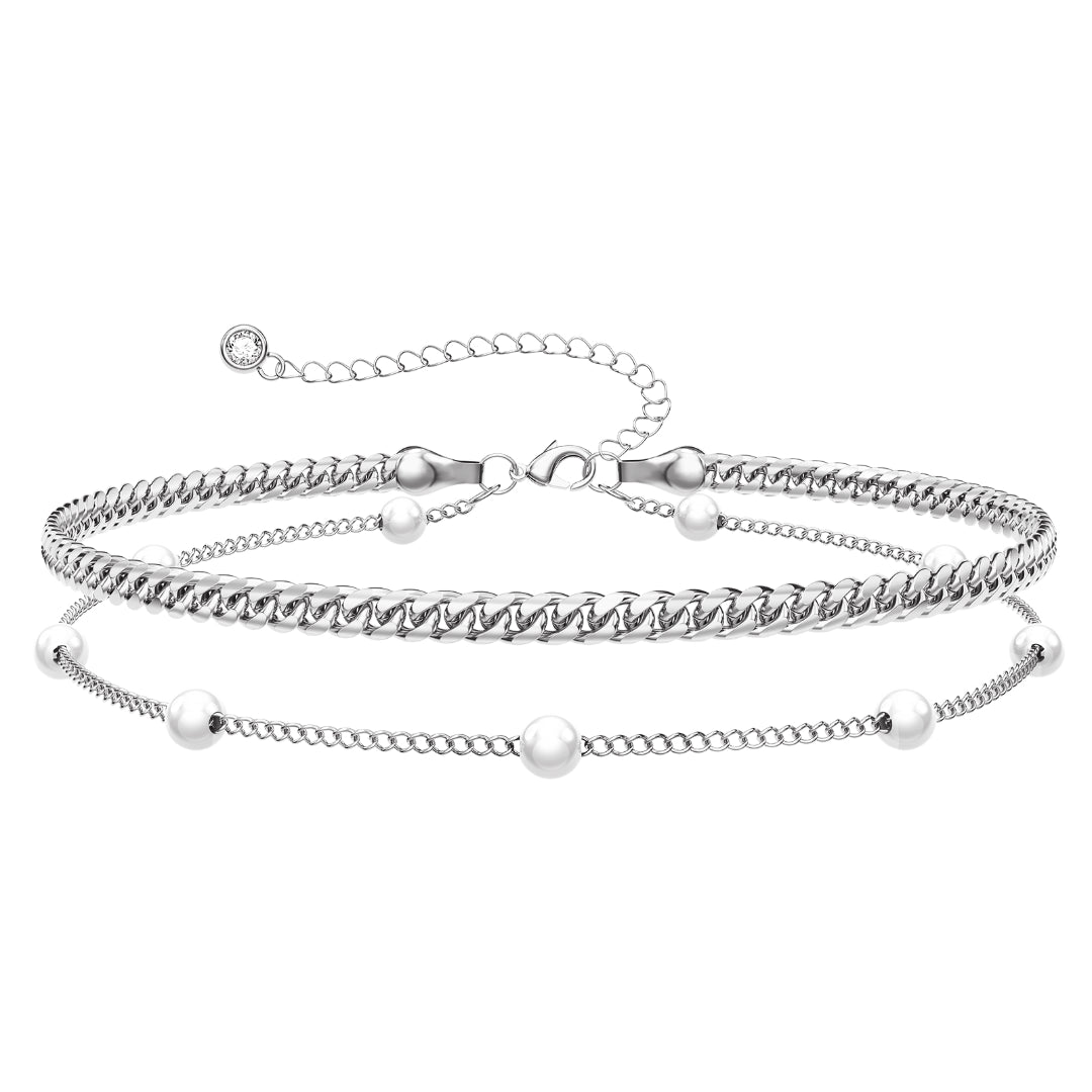 Dainty Layered Paperclip Tiny Pearl Cuban Link Chain Bracelets Set