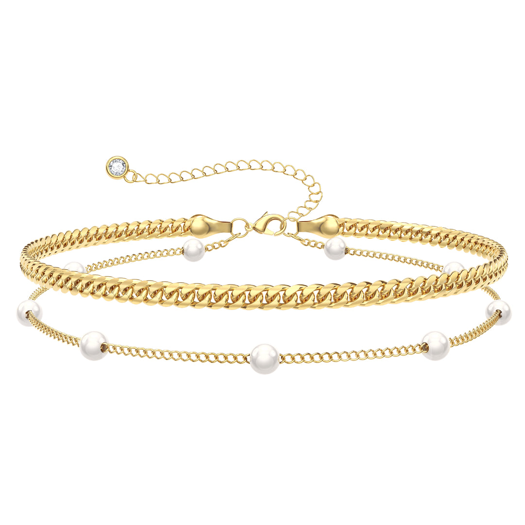 Dainty Layered Paperclip Tiny Pearl Cuban Link Chain Bracelets Set