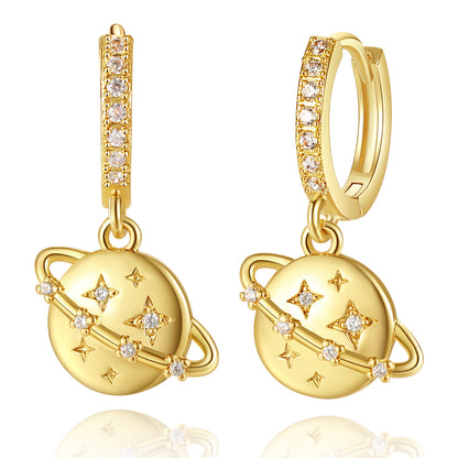 14K Gold Planet Earrings on White Background