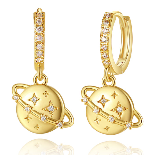 14K Gold Planet Earrings on White Background