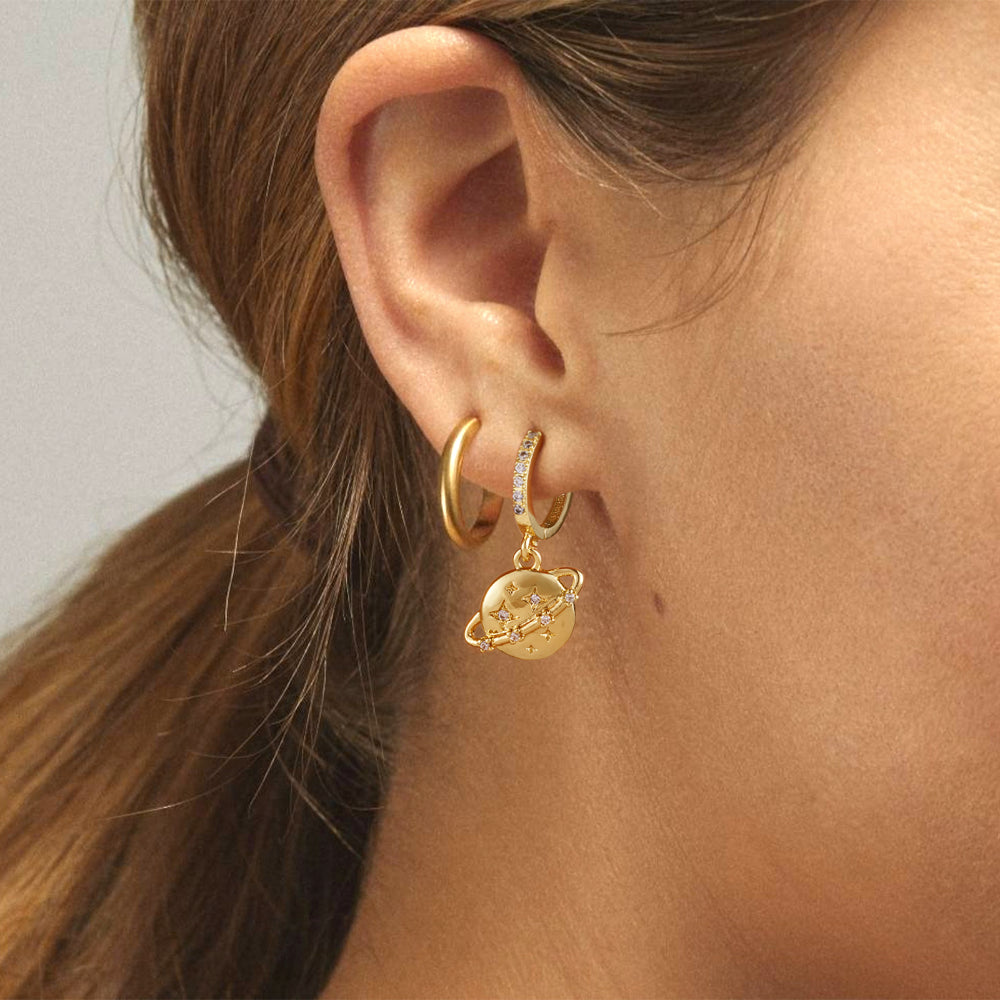 Celestial Planet Dangle Drop Earrings in 14K Gold