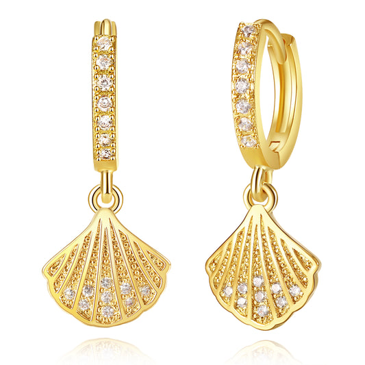 14K Gold Dangle Drop Hoop Earrings on White Background