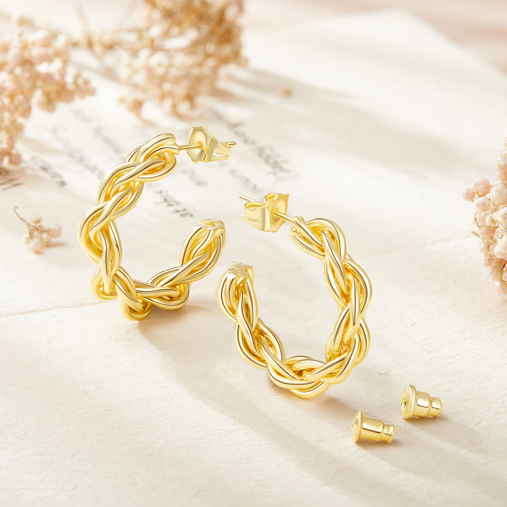 Detailed view of Gold Plated Chunky Twist Rope Hoop Earrings