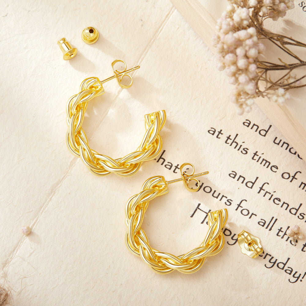 Elegant Chunky Twist Rope Design in Dainty Gold Plated Hoop Earrings