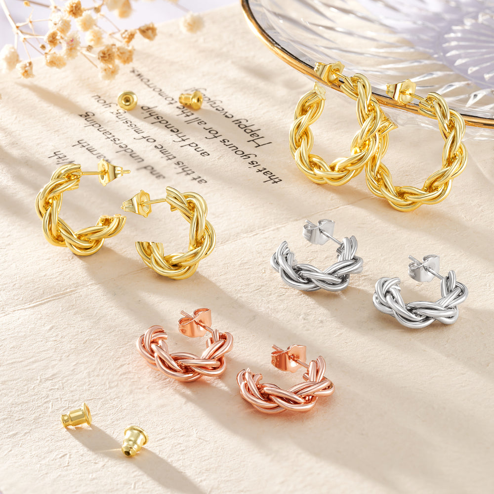 Elegant Chunky Twist Rope Design in Dainty Gold Plated Hoop Earrings