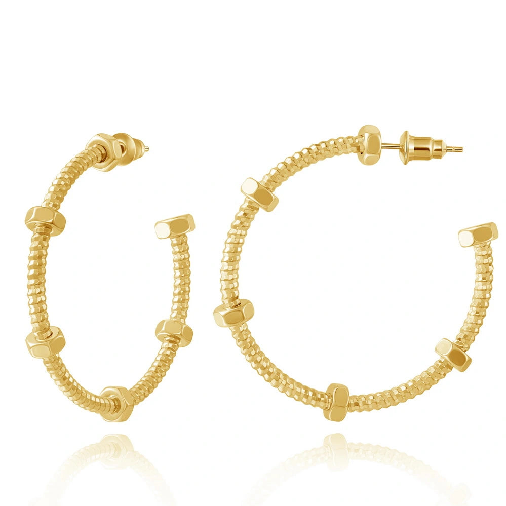 14K Gold Geometric Twisted Huggie Hoops Earrings on a white background