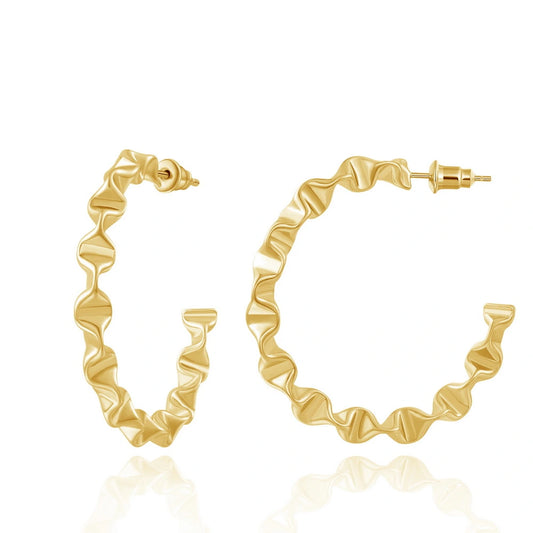 14K Gold Geometric Twisted Huggie Hoops Earrings with Large Twist Hoop on white background