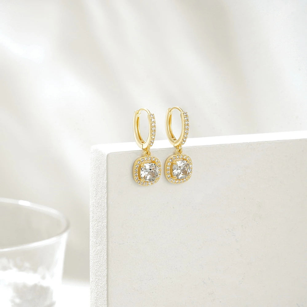 Elegant Square Drill Hoop 14K Gold Earrings for Women and Girls