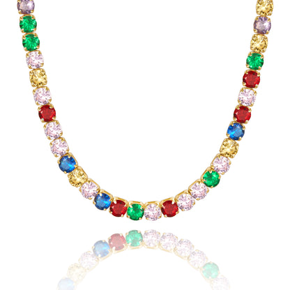 14K Gold Diamond Tennis Necklace with Round Rainbow CZ against white backdrop