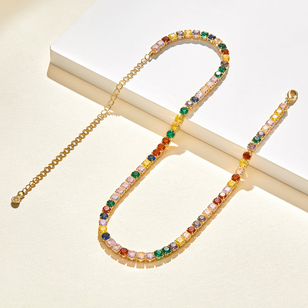 Detailed view of 14K Gold Diamond Tennis Necklace with Round Rainbow CZ