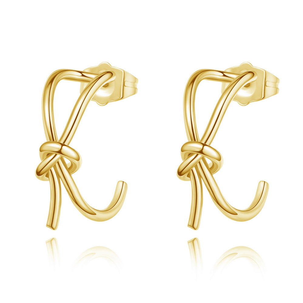 14K Gold Geometric Twisted Huggie Hoops Earrings with Round Hoop on white background