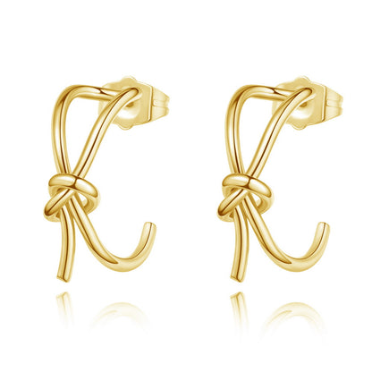 14K Gold Geometric Twisted Huggie Hoops Earrings with Round Hoop on white background