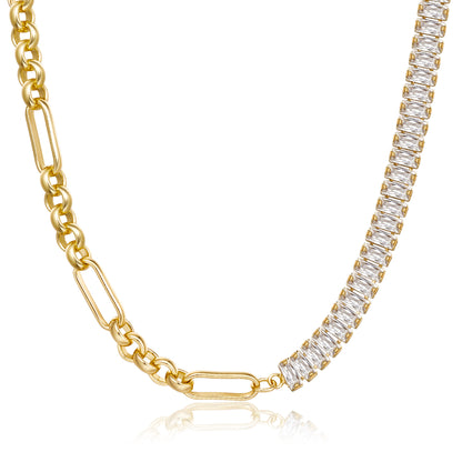 14K Gold Diamond Tennis Necklace with Paperclip & Baguette White CZ against a white background