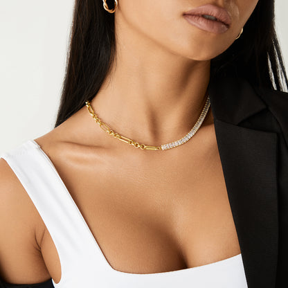 Close-up of Paperclip & Baguette White CZ in 14K Gold Diamond Tennis Necklace