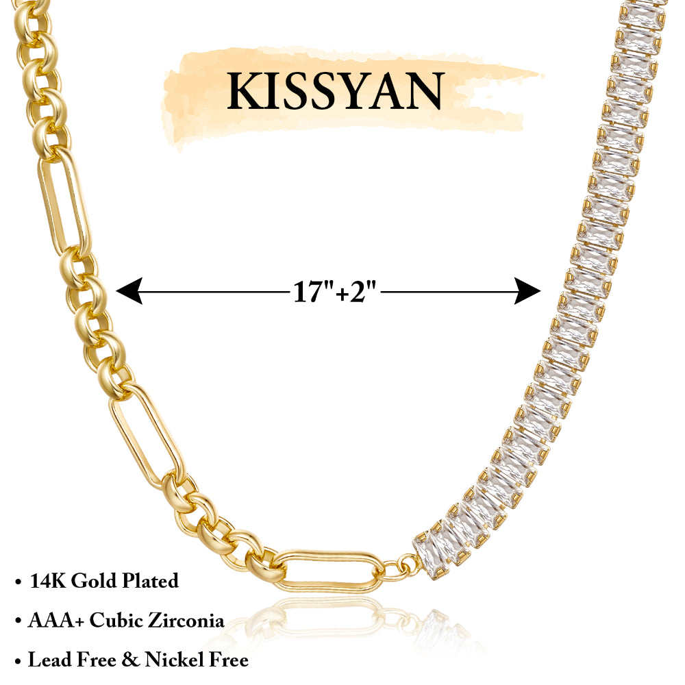 Detailed view of 14K Gold Diamond Tennis Necklace with Paperclip & Baguette White CZ