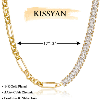 Detailed view of 14K Gold Diamond Tennis Necklace with Paperclip & Baguette White CZ