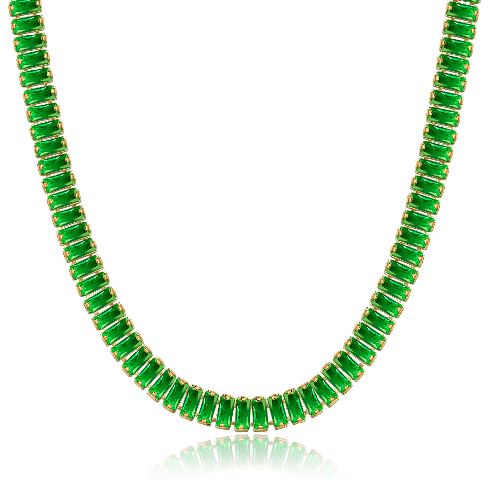 14K Gold Diamond Tennis Necklace with Green Baguette CZ against white backdrop