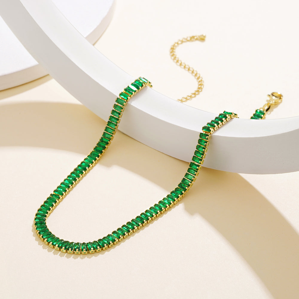 Detailed view of 14K Gold Diamond Tennis Necklace with Green Baguette CZ