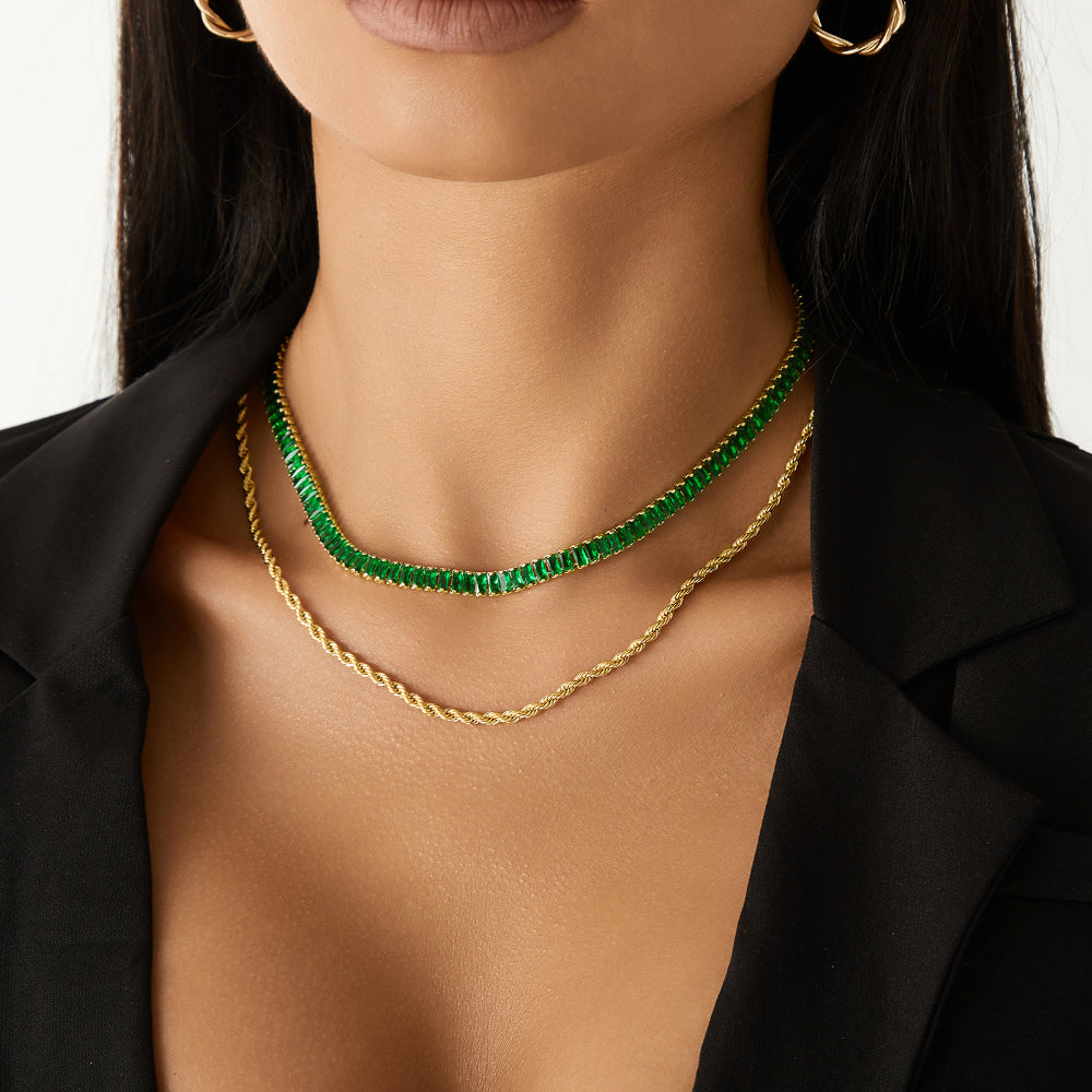 14K Gold Diamond Tennis Necklace with Green Baguette CZ