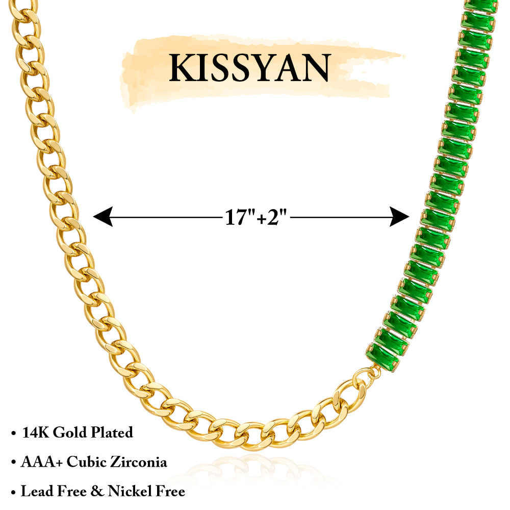 Detailed view of 14K Gold Diamond Tennis Necklace with Baguette Green CZ & Cuban Chain