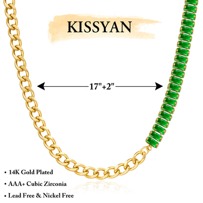 Detailed view of 14K Gold Diamond Tennis Necklace with Baguette Green CZ & Cuban Chain